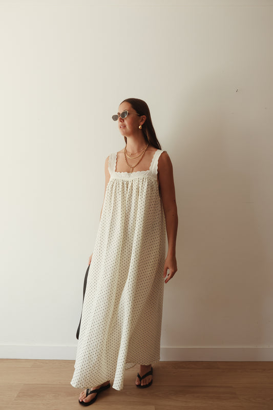 The Juno Midi - Off White Polka Dot