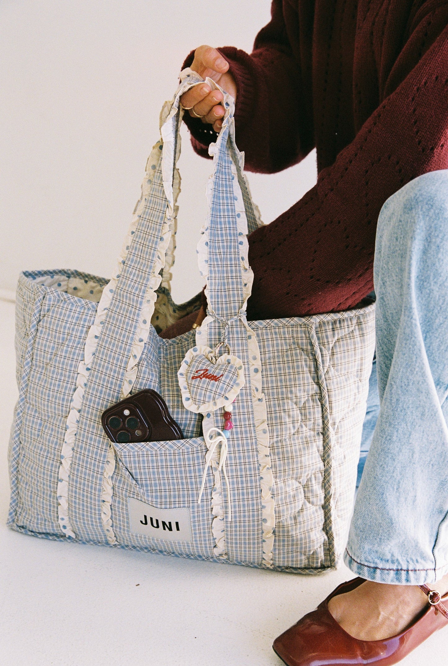 Heart Bag Charm - Blue Check