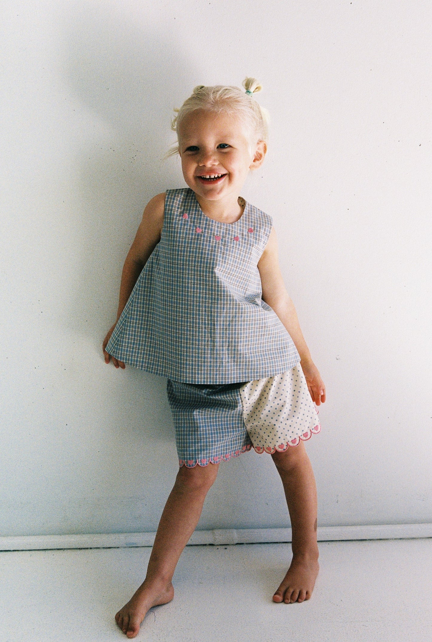 Della Top - Blue Check/Polka Dot