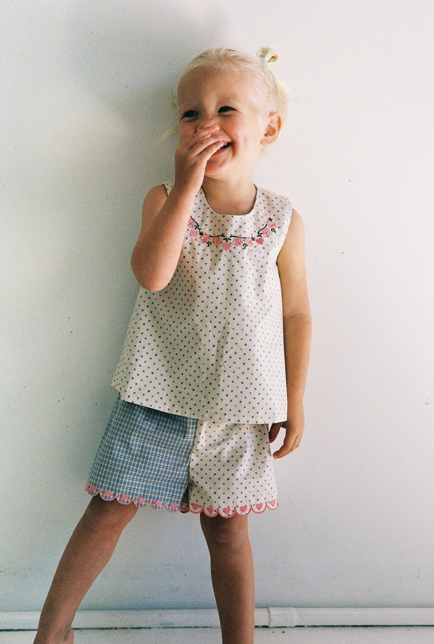 Della Top - Blue Check/Polka Dot