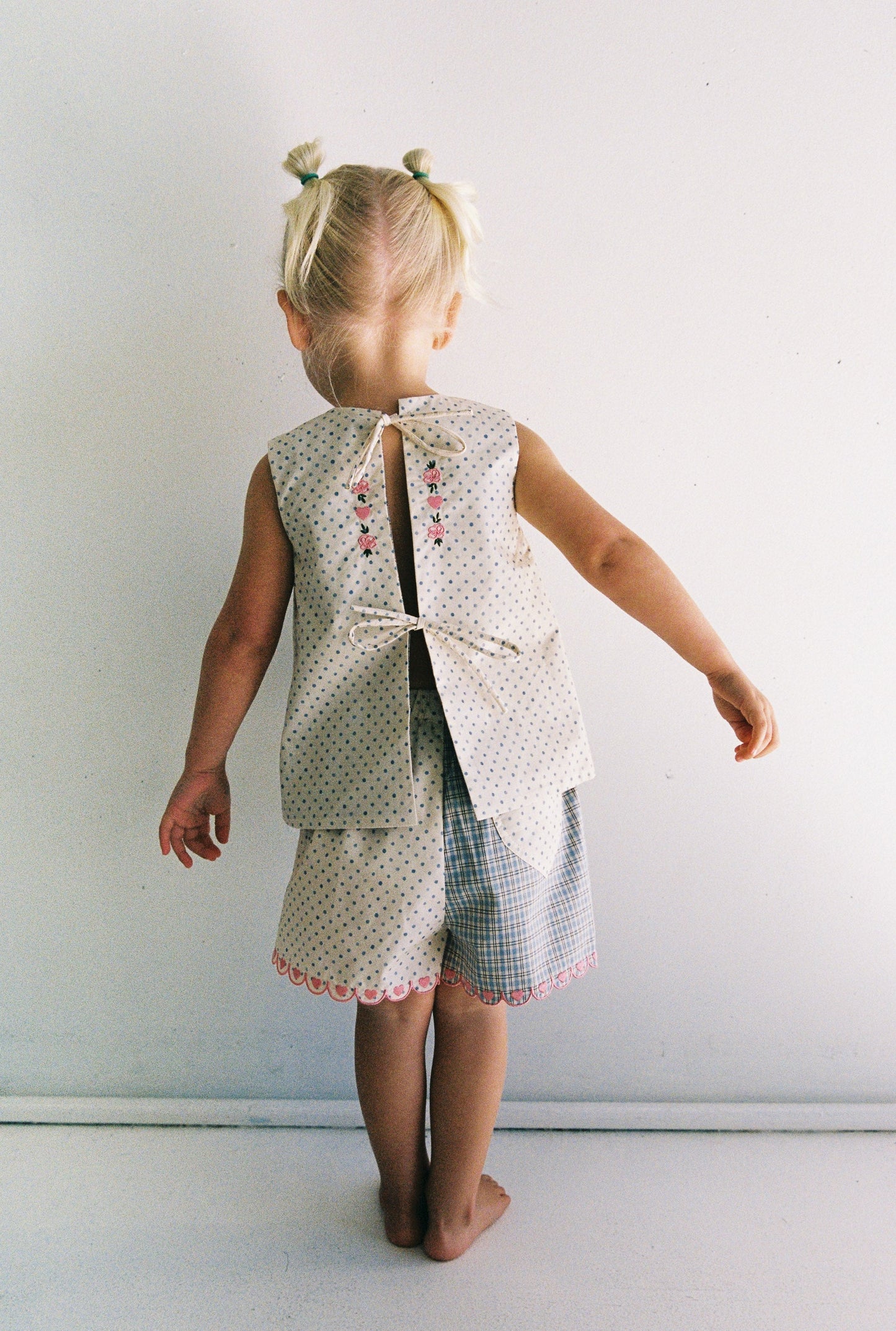 Della Top - Blue Check/Polka Dot