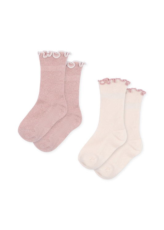 2 pack rib frill socks - Rose/off white